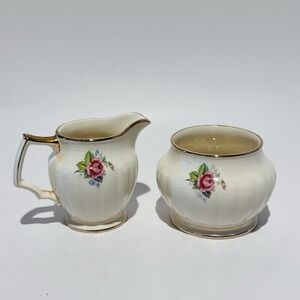 Vintage Sadler English Tea Cream & Sugar Set‎ Ivory Gold Trim Rose Floral Design